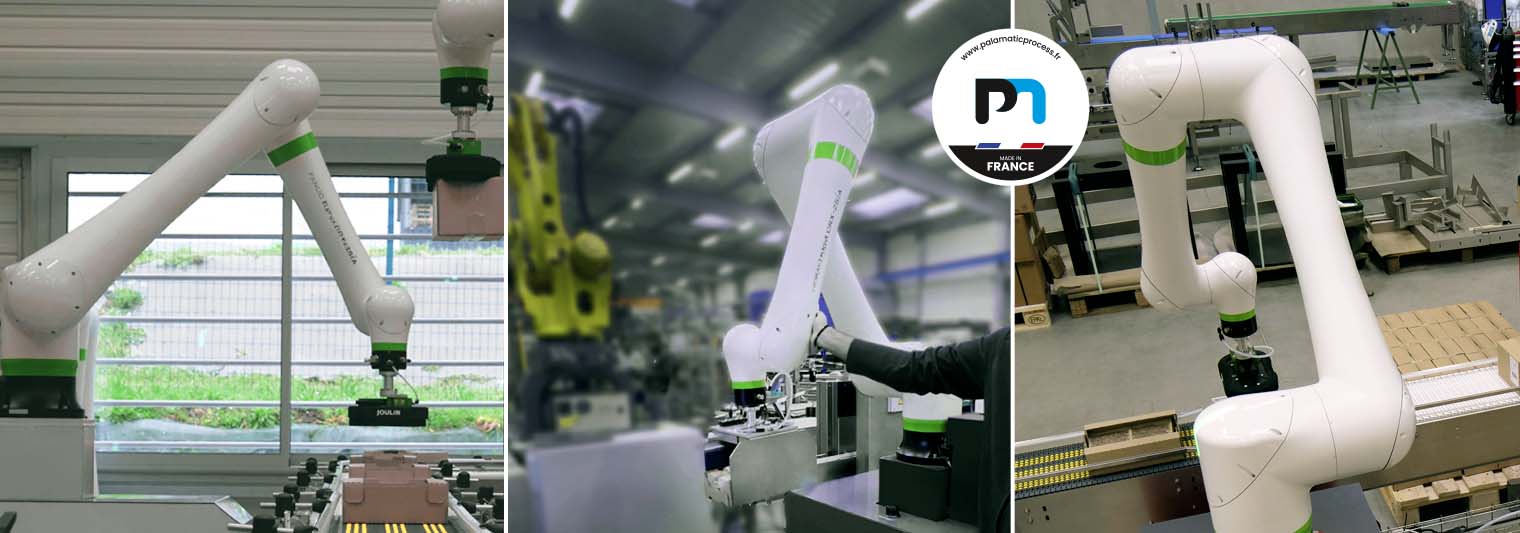 The collaborative robot picks up a box from the conveyor and places it on the pallet.