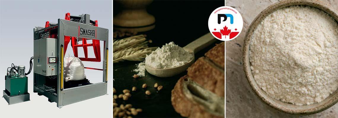 On the left, a SmashR big bag decompactor used to handle bulk products. Center and right, images of flour and bread, illustrating the optimization of flour and gluten processing in the food industry, with the Palamatic Process logo at top right.