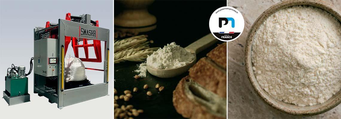 On the left, a SmashR big bag decompactor used to handle bulk products. Center and right, images of flour and bread, illustrating the optimization of flour and gluten processing in the food industry, with the Palamatic Process logo at top right.