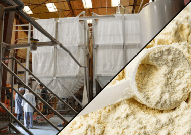 palamatic-process-automatic-transfer-milk-label Palamatic Process flexible textile silos for storing and dosing dairy powders – installation in a dairy and view of packaged powder.