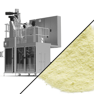 Palamatic Process HBM 1040 automatic bagging machine for milk powders, with display showing milk powder being packaged in aluminum bags.