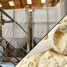 palamatic-process-automatic-transfer-milk-label Palamatic Process flexible textile silos for storing and dosing dairy powders – installation in a dairy and view of packaged powder.